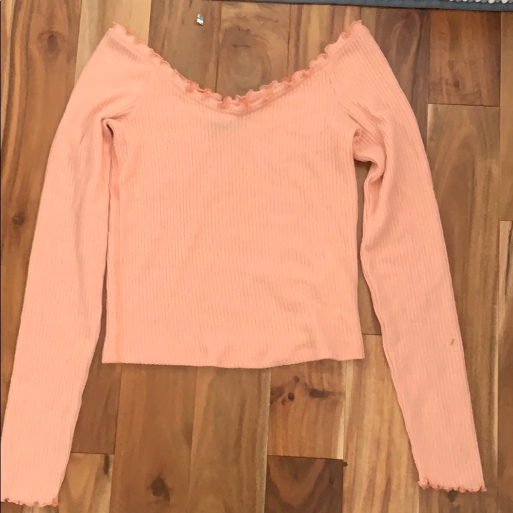 Off shoulder light pink long sleeve with ruffles